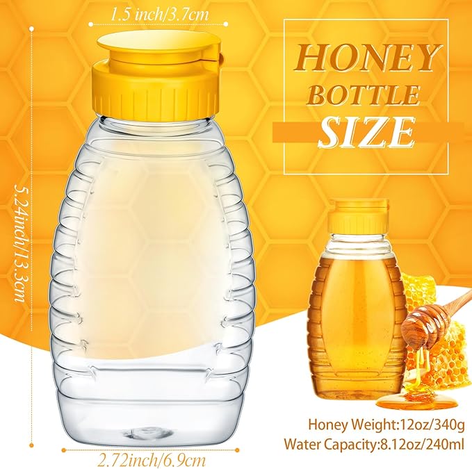 Eccliy 32 Pcs Clear Plastic Honey Jar Empty Honey Bottles with Caps Refillable Containers Leakproof Squeeze Bottle Container Holder with Flip Lid for Storing (12 oz,Yellow)