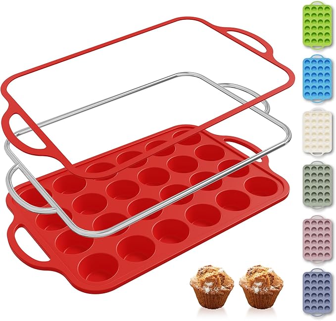 Socisen 24 Cups Silicone Muffin Pan with Metal Reinforced Frame Mini Size Cupcake Pan Tray Egg Bites Silicone Circle Cookie Molds Muffin Tin Tart Pans Baking Sheet Set for Breakfast Sandwiches Round