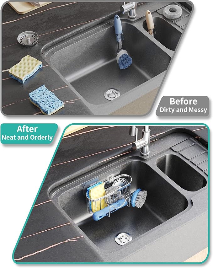 HapiRm Kitchen Sponge Holder for Sink - 2 Installation Methods Kitchen Sink Caddy Organizer with Unique M-Shaped, Rustproof Stainless Steel Sponge Caddy - Silver (Large)