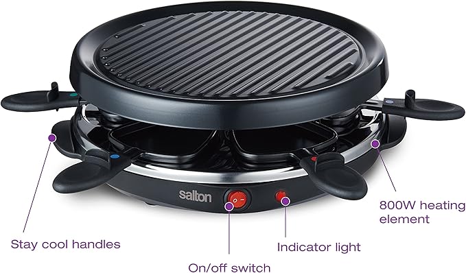 Party Grill & Raclette by Salton | 6-Person Smokeless Indoor Grill | Non-Stick Grill Plate