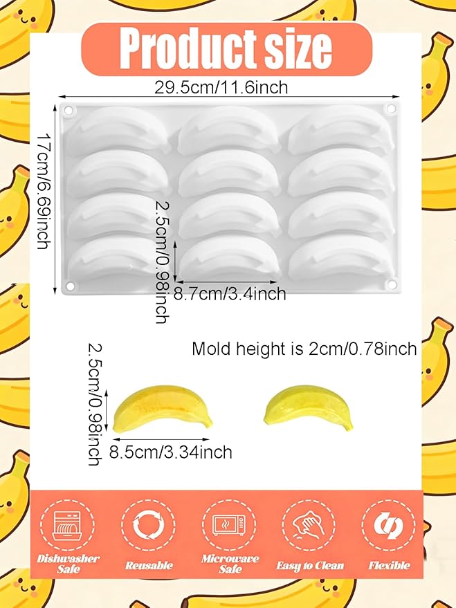 12 Cavity Silicone Banana Molds - Bananas Fruit Shaped Fondant Mold for Chocolate, Candy, Ice Cream, Mousse Cake, Soap, Resin, Lotion Bar, Ice Cube (Banana)