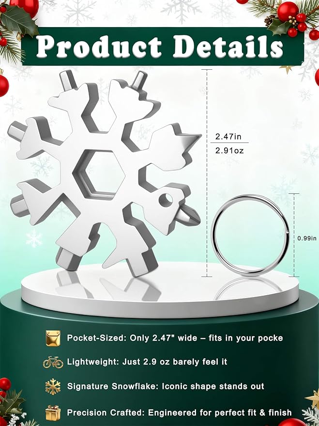 18-in-1 Snowflake Multi Tool – Stainless Steel with Bottle Opener & Wrench,Compact EDC Tool for Camping,Fishing,Hiking, Stocking Stuffers,Gifts for Men,Dad,Husband (Silver)