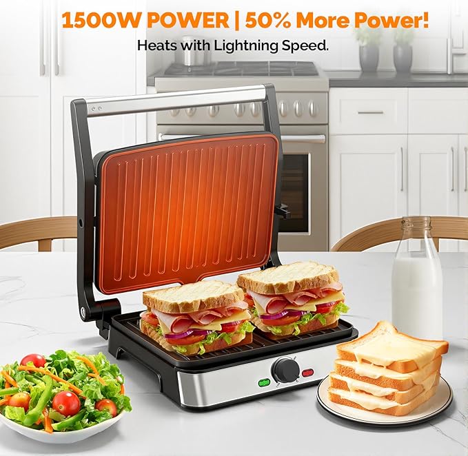 Electric Panini Press Grill and Sandwich Maker / 8.5" x 11" Non-Stick Coated Plates, Opens 180 Degrees to Fit Any Type or Size Food, Dishwasher Safe, Sliver