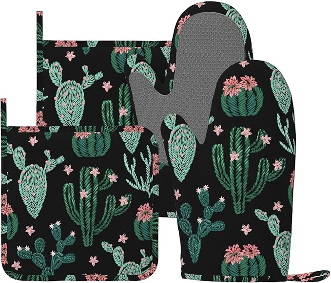 Trendy Cactus Oven Mitts and Pot Holders Sets of 4, Heat Resistant Silicone Oven Mittens and Potholders Gloves Hot Pads for Kitchen Cooking Baking Grilling BBQ Chef