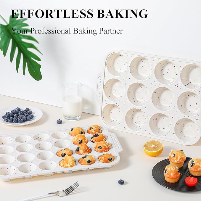 Vinino Silicone Cupcake Pan Set with Metal Reinforced Frame, Regular 12 Cup and Mini 24 Cup Muffin Pans for Baking with Non-Slip Handle, Nonstick Muffin Tray for Oven, BPA Free, Dishwasher Safe