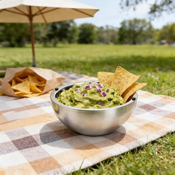 Dip Chiller Bowl 1 Pack- 70 OZ Large Capacity, Frozen Ice Stainless Steel Insulated Party Serving Bowl, Salad Pod for Parties Salsa, Guacamole, Condiments, Sauces, Keeps Food Hot or Cold (1)