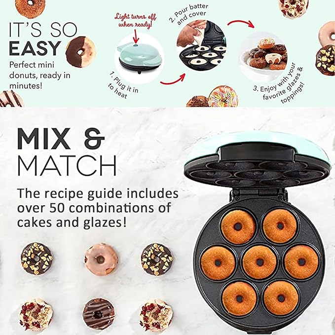 Mini Donut Maker,Electric Mini Doughnut Maker Machine, Makes 7 Mini Donutss, Non-Stick Mini Donut Machine, Easy Clean Doughnuts Maker Kit red (Red)