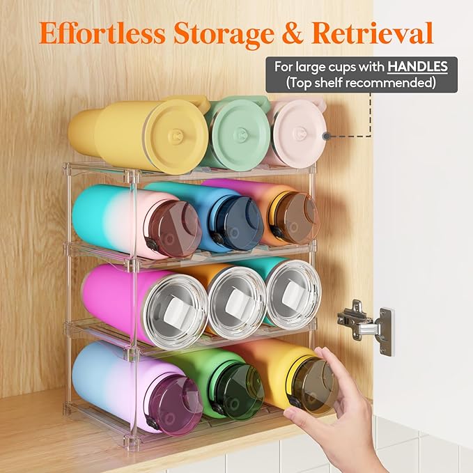 Lifewit Stackable Bottle Storage Organizer, Clear Freestanding Wine Holder for Cabinet, Large Slot Water Bottle Tumbler Cup Organizer for Pantry, Plastic Wine Rack for Fridge Cellar, 4Tier Hold 12