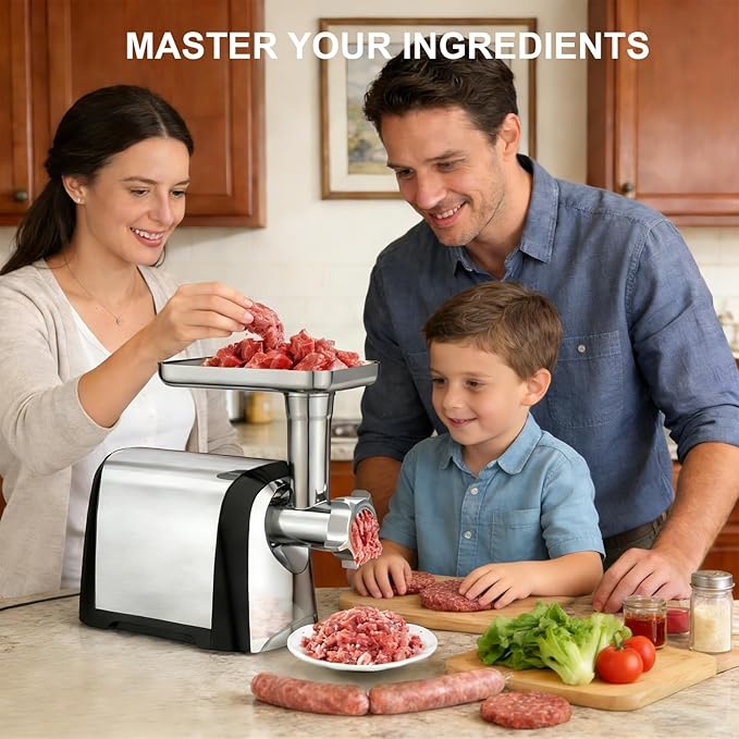 Electric Meat Grinder, 2600W Max 3-IN-1 Heavy Duty Sausage Stuffer with Sausage tube & Kubbe Kit, 3 Grinding Plates 2 Blades for Home Kitchen & Small Commercial Use, Stainless Steel