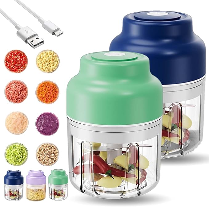 Electric Garlic Chopper, Mini Portable Veggie Cutter with 4/6 Stainless Steel Blades, Portable Wireless Rechargeable Mini Electric Garlic Food Chopper for Garlic, Onion, Chili, Nuts (2PCS-A,250ML)