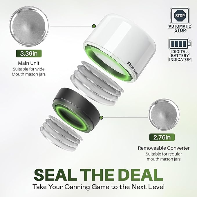 RoboSeal Electric Mason Jar Vacuum Sealer Kit with 10 Lids, Works on Wide & Regular Mouth for Canning Food, Auto Stop One Touch Operation, Digital Battery Indicator, Jar Opener Included