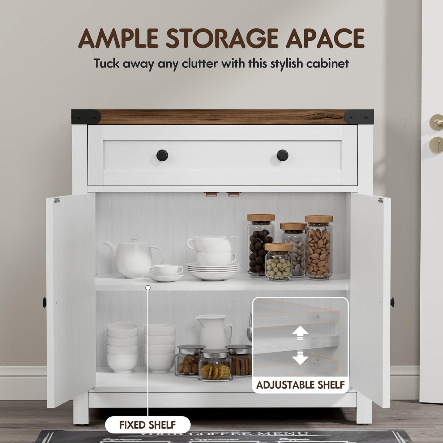 YESHOMY Farmhouse Coffee Bar Cabinet Sideboards, with Barn Doors, Spacious Drawer, Adjustable Interior Shelf, Generous Top Surface, for Kitchen, Bathroom, Entryway, Living Room, Pure White