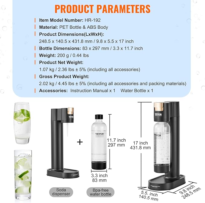 VEVOR Sparkling Water Maker, Soda Maker Machine for Home Carbonating, Seltzer Water Starter Kit with BPA free 1L PET Bottle, Compatible with Mainstream Screw-in 60L CO2 Cylinder(NOT Included), Black