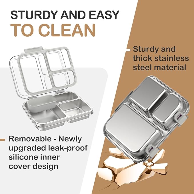 BABHAMNESS Stainless Steel Bento Lunch Box for Kids Adults, 3 Compartments Metal Bento Box with Transparent Lid & Silicone Container for Kids,Dishwasher-Safe,School & Travel,BPA-Free(Grey)