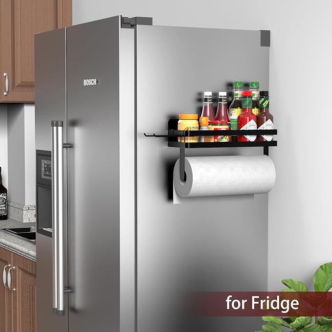 ZUNTO 2pcs Magnetic Paper Towel Holder for Fridge, Black Kitchen Organizer with Towel Roll Holder, Spice Shelf and 2 Hanging Racks(No Drilling)