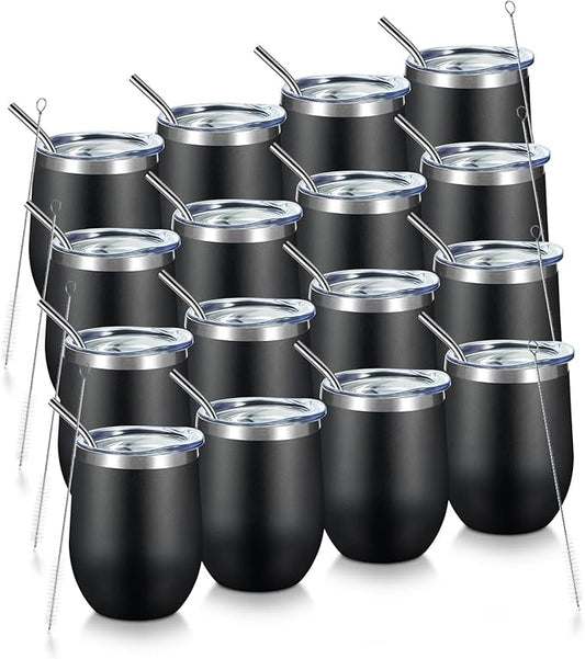 COMOOO 12oz Stainless Steel Wine Tumbler Lid and Straw, Double Wall Vacuum Insulated Wine Tumbler Cup, Stemless Wine Tumbler for Cold and Hot Drinks, Coffee, Wine, Cocktails, Black,16 pack