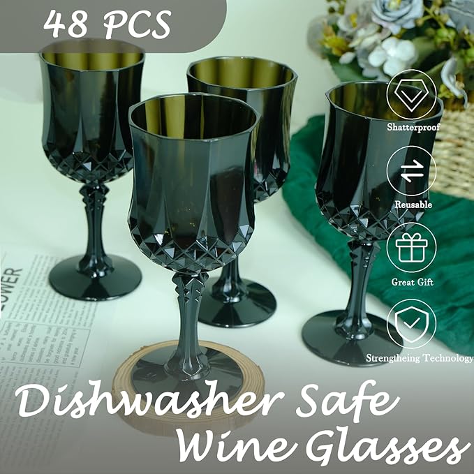 Plastic Wine Glasses, Plastic Goblets Vintage Style Cordial Unbreakable Drinking Glasses, Reusable Drinkware for Wedding Reception, Grand Event Party Supplies (48, Black)