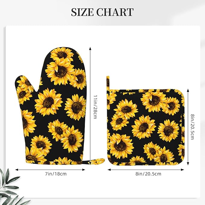 Pretty Sunflower Stylish Oven Mitts and Pot Holders Sets of 4, Heat Resistant Silicone Oven Mittens and Potholders Gloves Hot Pads for Kitchen Cooking Baking Grilling BBQ Chef