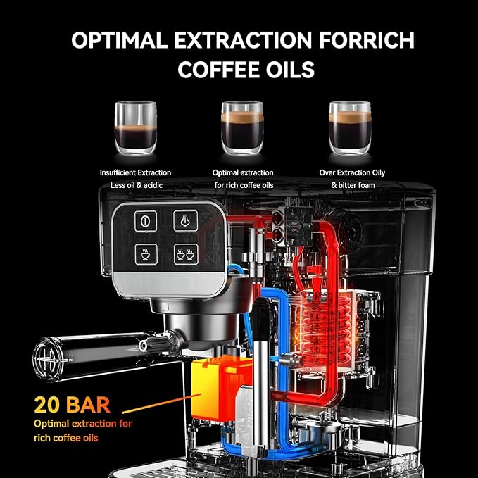 Espresso Machine 20 Bar with Steam Milk Frother, Stainless Steel Coffee Machine with Removable Water Tank for Cappuccino,Latte, Compact Stainless Steel Coffee maker for home,Great Gift