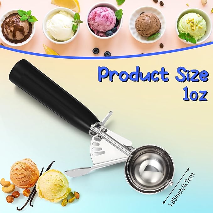 Reallnaive 2 Pcs Release Cookie Scoops Ice Cream Scooper with Trigger Release Portion Scoop Stainless Steel for Portion Control, Baking Food, Cookie Dough (1 oz,Black)