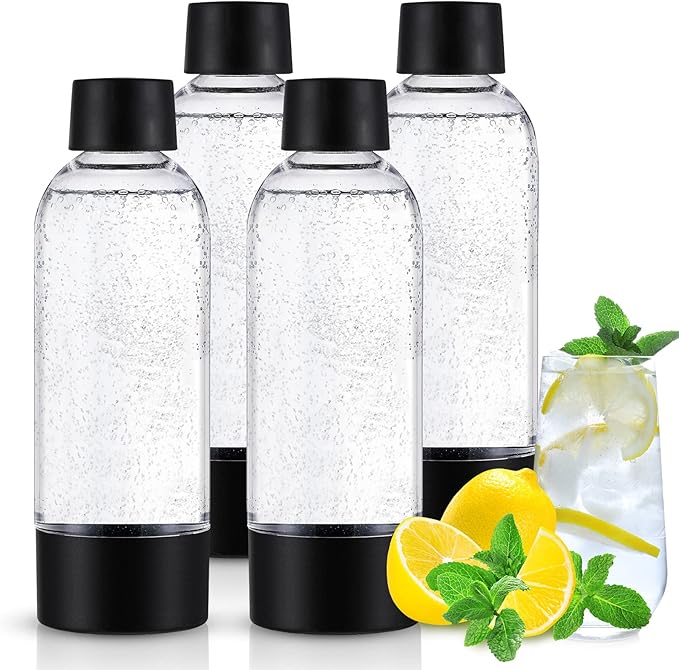 meekoo 4 Pcs Soda Carbonating Bottles Clear Plastic Soda Maker Bottle Compatible with Isoda Drinkmate Maker for Kitchen Home Party Carbonated Drinks Beverages(1 Liter)