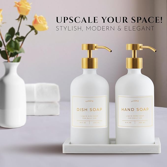 Glass Soap Dispenser Set of 2 (White) with Silicone Tray | Hand and Dish Soap Dispenser for Kitchen and Bathroom | 16.8 Oz Glass Bottles with Stainless Steel Pump & 15 Waterproof Labels (White/Gold)