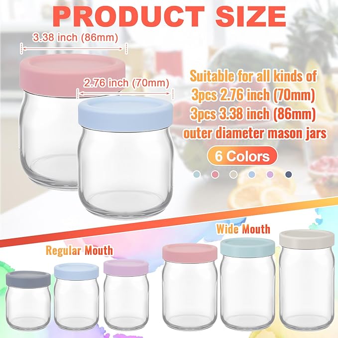 Teenyyou 6 Pcs Mason Jars 3 Wide and 3 Regular Mouth Lids Mason Jar Lids Thickened Leak Proof Lid for 86 mm and 70 mm Wide and Regular Mouth, Reusable Canning Jar Caps (Morandi)