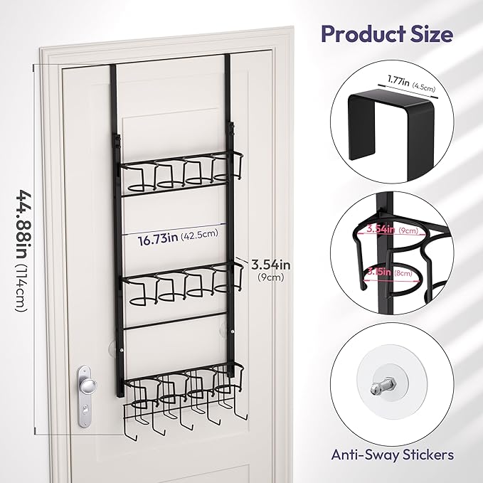 SWTYMIKI 3-Tier Water Bottle Organizer - Over the Door Stanley Cup Holder - Cup Rack with Hooks for Door or Wall Mount Option- Tumbler Organizer Storage Display for Kitchen Dorm Office RV, Black