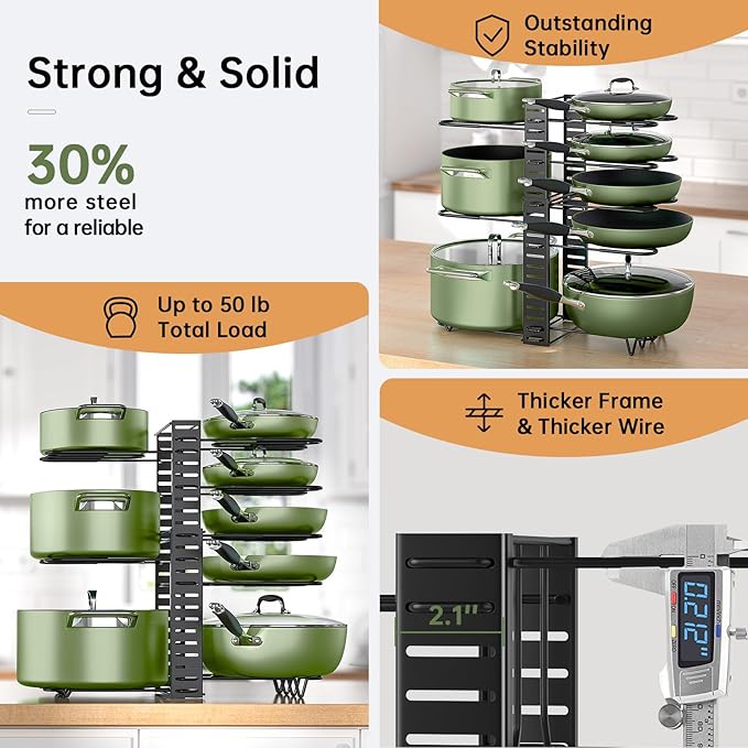 MUDEELA Pots and Pans Organizer Rack under Cabinet 8-Tiers Adjustable Pot Rack with 3 DIY Methods, Expandable 11.65'' to 19" Pot Lid Organizer for Kitchen Pantry Cabinet Organization and Storage