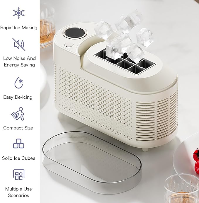 Mini Ice Making Machine, Compact Countertop Ice Maker, 8 Cubes in 15 Mins, 120W Dual Powered Automatic ICES Box with Clear Cover, Good Heat Dissipation, for Home, Office, Camping Use