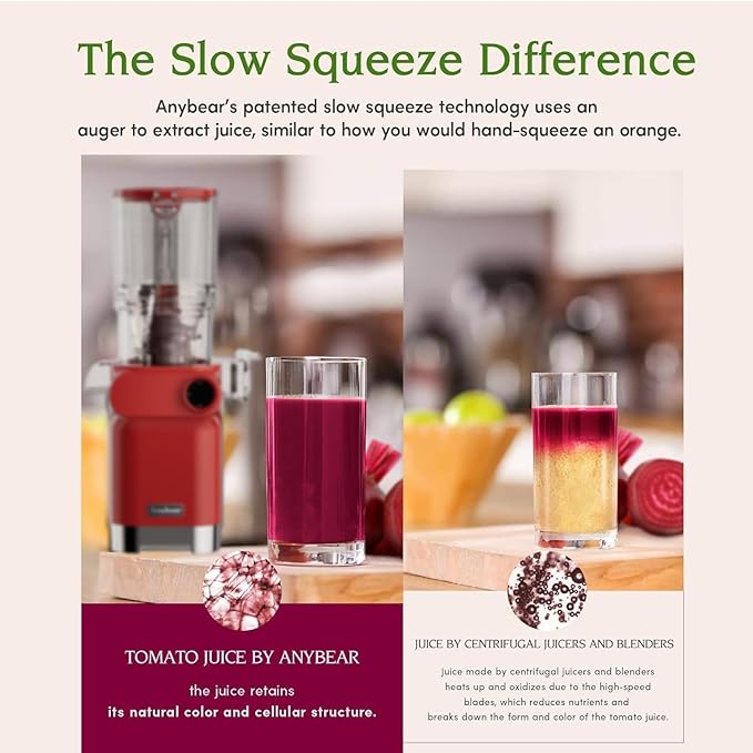 Anybear Cold Press Juicer 200W Masticating Slow Juicer 4.3" Large Feed Chute Fit Whole Fruits Vegetables | Upgraded Auger | Tritan Material | BPA Free | Juice Recipes (Red)