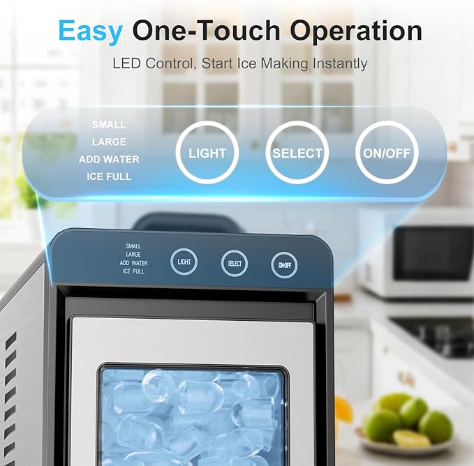 Kismile Countertop Ice Maker, 8 Bullet Cubes in 6 Mins, 26.5lbs in 24Hrs, 2 Ice Sizes, Self-Cleaning Portable Ice Maker with Basket and Scoop, for Home/Office/Camping/RV, Silver
