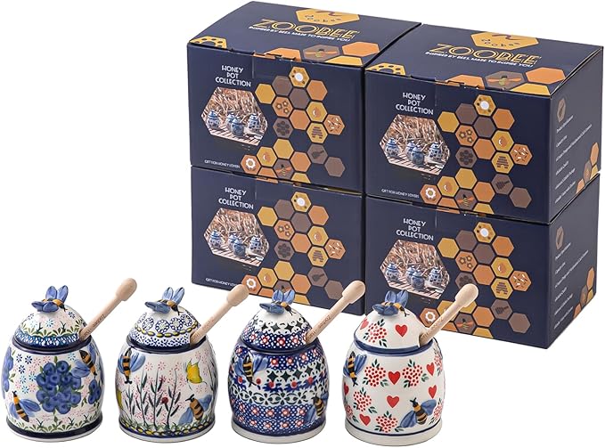 ZOOBEE 10oz Ceramic Honey Jar with Dipper and Lid,Handpainted Honey Pot with Natural Design, Small Portable Honey Container for Kitchen, Picnic-Blueberry Breeze