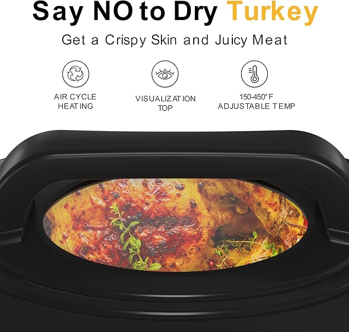 Sunvivi 22-Quart Roaster Oven with Visible Glass Lid, Sunvivi Electric Roaster with Removable Pan & Rack, 150-450°F Full-Range Temperature Control with Defrost/Warm Function, Stainless Steel, White