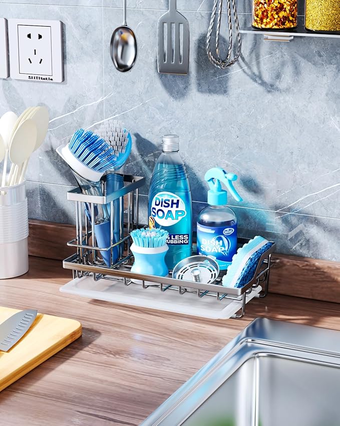 Consumest Sink Caddy, Kitchen Sponge Holder with Dish Brush Holder, Kitchen Sink Organizer with Drip Tray for Countertop Stainless Steel Rustproof, Silver-Large