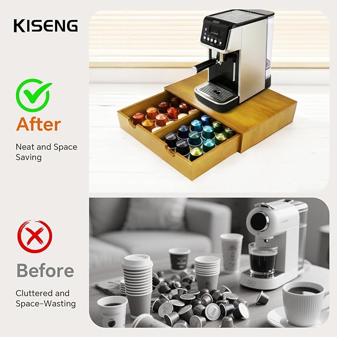 Coffee Pod 15" X 11" X 3" Natural Wood Countertop Organizer Drawer, Counter Top Espresso Tea Bag Station Storage Holder Box, Brown