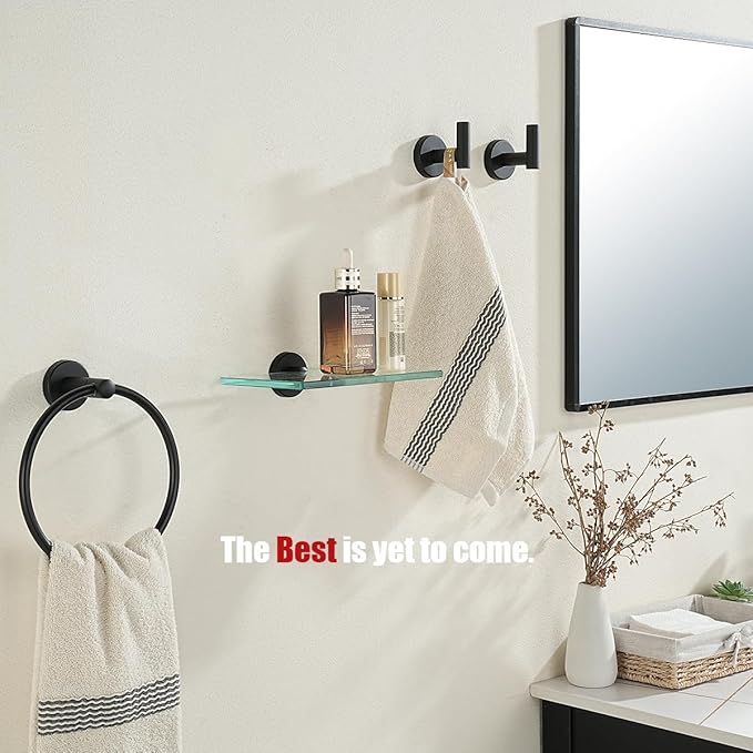 JQK Bathroom Glass Shelf Black, Tempered Glass Shower Storage 8 by 5 inches, 304 Stainless Steel Matte Black Wall Mount, TGS101L8-PB