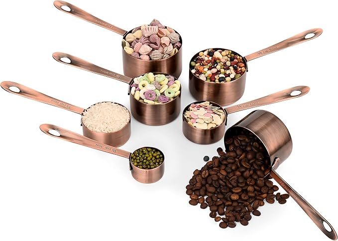 Copper Measuring Cups Set 7, Metric & US Stainless Steel Measuring Cups for Kitchen & Baking, Metal Measure Cup Set with 2/3 & 3/4 Measure Cups
