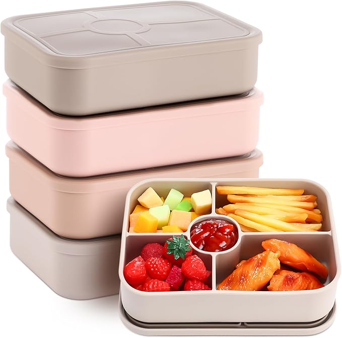 Jingmore 4 Pack Silicone Bento Boxes for Adults, 5 Compartment Reusable Lunch Containers with Sauce Section, Leakproof Meal Prep Snack Box Microwave & Dishwasher Safe for Office(Light Color)