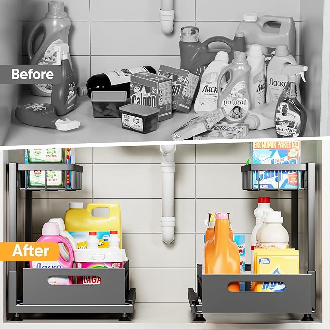 Saydear Under Sink Organizer Storage 2-Tier Premium Metal Pull-Out Racks, Height Adjustable, Easy Installation | Kitchen & Bathroom Organizers