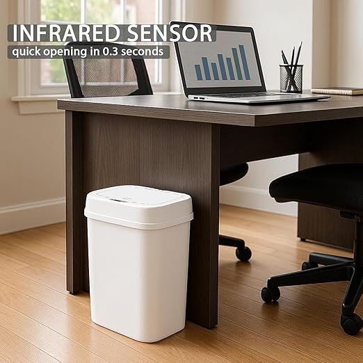 Touchless Motion Sensor Trash Can with Sealing Lid Automatic Soft Close Silent Bathroom Kitchen Office Waste Bin Narrow Rectangular ABS Hands Free Smart Home Garbage Container (White)