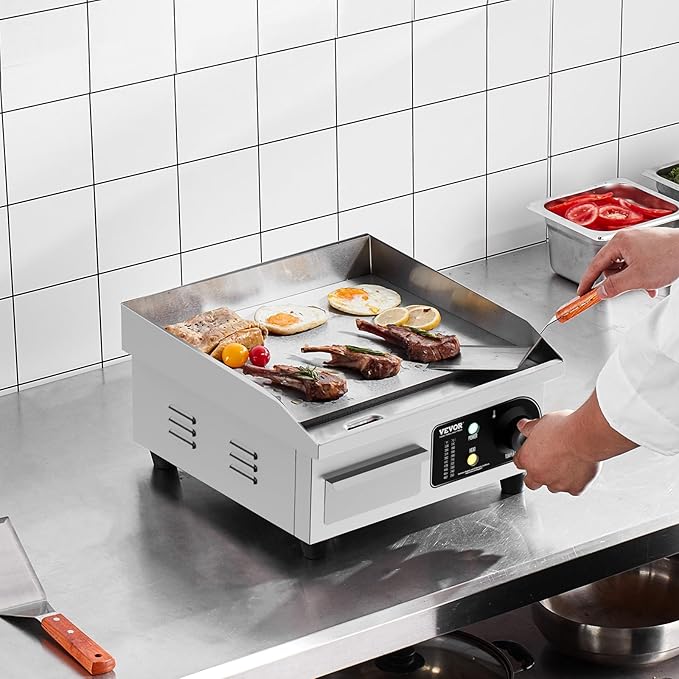 VEVOR Commercial Electric Griddle, 1700W Countertop Flat Top Grill, 14in Stainless Steel Griddle Grill with 2 Shovels and 2 Brushes for Home or Restaurant, 122℉-572 ℉ Adjustable Temp
