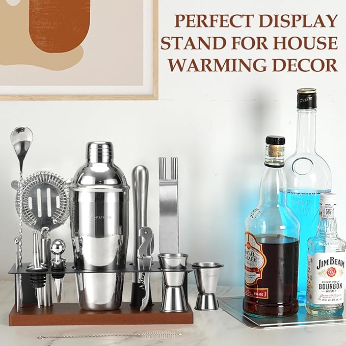 23-Piece Bartender Kit, Cocktail Shaker Set with Stand | Bar Set Drink Mixer Set with All Essential Bar Tools: Martini Shaker,Bar Mixer Spoon, Jigger, Strainer, Muddler, Pourers, for Home, Bar, Party