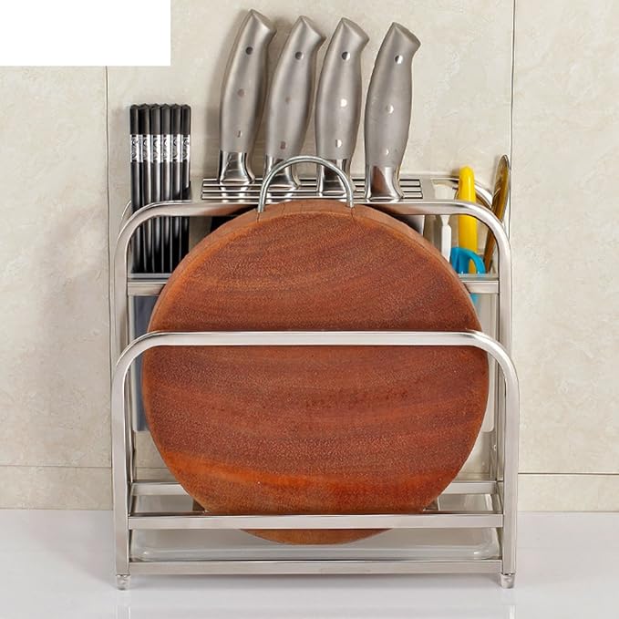 Knife Holder Storage Organizer with Hooks, Stainless Steel Knife Block Holder Cutting Board Rack,Kitchen Utensils Holder with Drainer Tray for Kitchen Countertop
