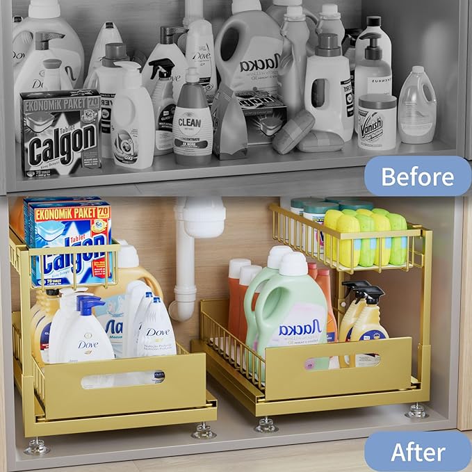 Saydear Under Sink Organizer Storage 2-Tier Premium Metal Pull-Out Kitchen Cabinet Organizer with Sliding Drawer, Height Adjustable, Heavy Duty for Kitchen & Bathroom Organizers 1 Pack Gold