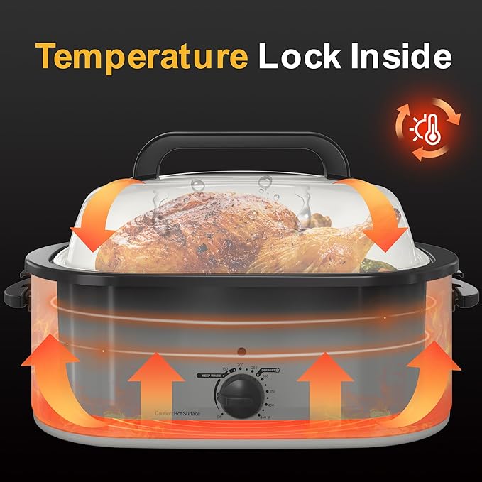 26QT Electric Roaster Oven, Electric Turkey Roaster with Viewing & Self-basting Lid, Stainless Steel Turkey Roaster Oven, White
