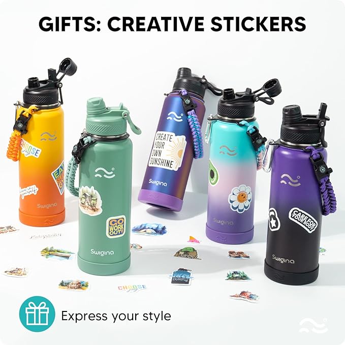 Swigina Insulated Water Bottle with Silicone Boot (36hrs Cold/18hrs Hot) - DIY Stickers, [2-in-1 Lid], BPA Free, 40 oz