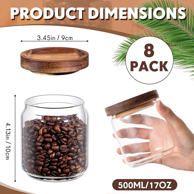 Irenare 8 Pack Glass Containers Canister Set, 17 oz Food Storage Spice Jars with Airtight Lids, Clear Kitchen Containers for Coffee Sugar Tea Beans Nuts Candy Pantry Organization (Wood)