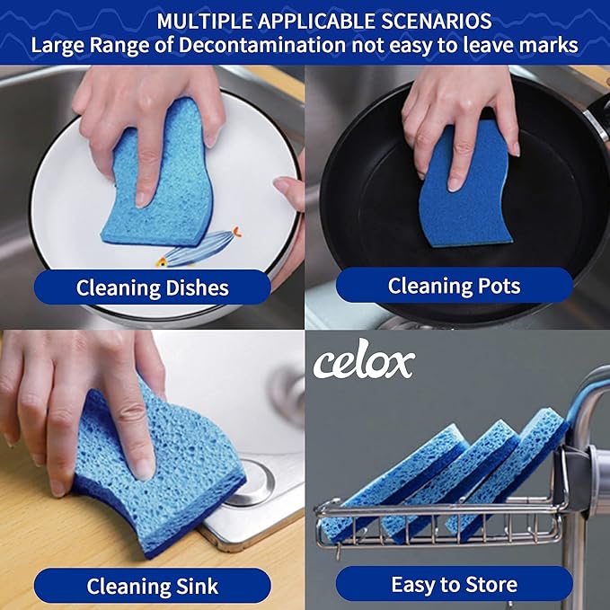 CELOX 24 Pack Non-Scratch Dish Sponge and Dish Brush with Soap Dispenser for Cleaning Pots, Dishes, Bowls, Gray