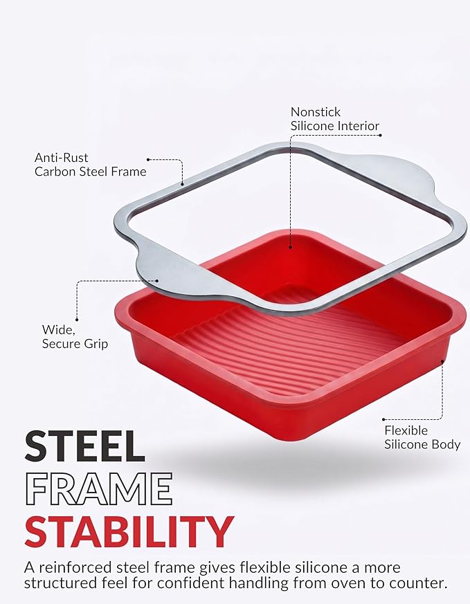 Boxiki Kitchen Non-Stick Silicone 8x8 Square Cake and Brownie Pan with Easy Grip Steel Frame Handles - Easy to Release, Oven & Dishwasher Safe